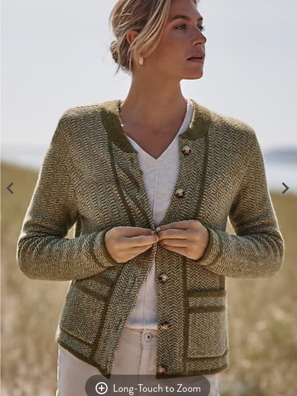 J Jill Cardigan Sweater 2X Green Herringbone Wool Blend Button Front - Picture 2 of 12